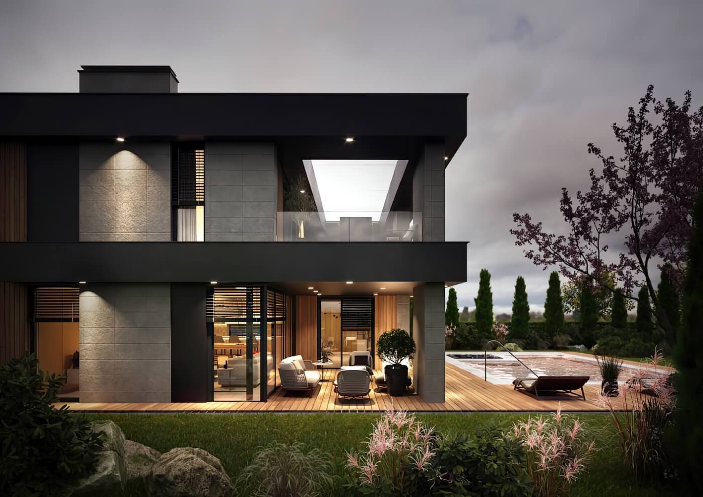 3D vizualizace exteriéru moderní vily s dlážděným příjezdem, okrasnými záhony a bazénem v pozadí.