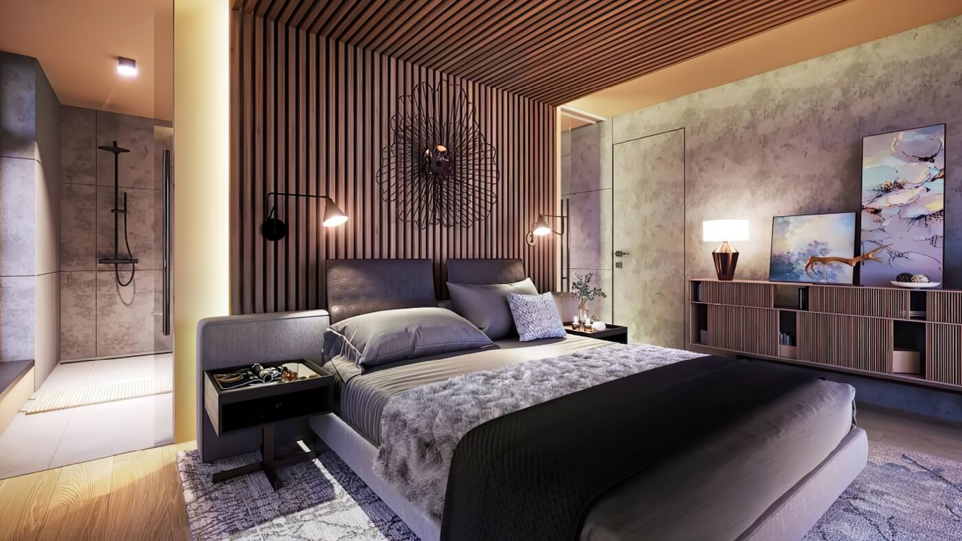 3D vizualizace ložnice v podvečerním osvětlení s proskleným průhledem do koupelny, moderním obrazem nad postelí a designovými svítidly.