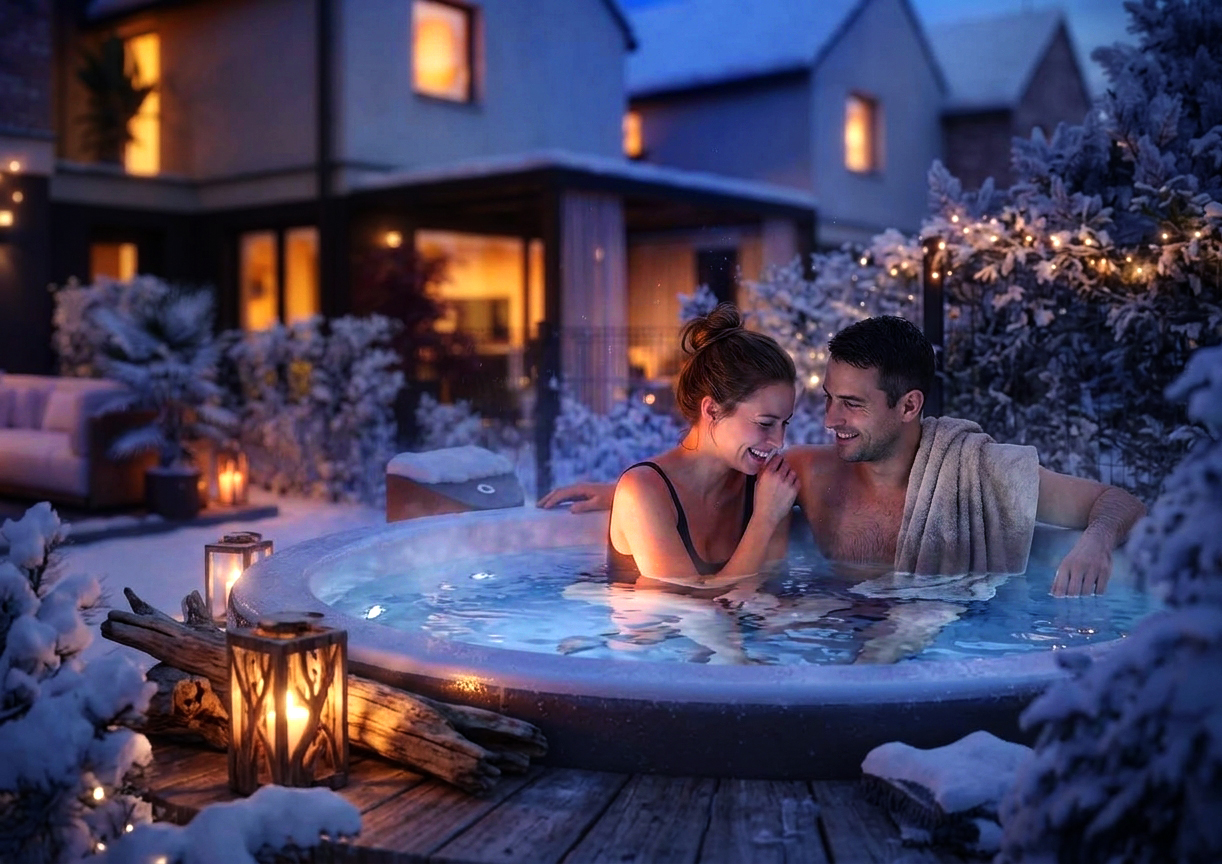 detailní vizualizace domácího wellness na zahradě. večerní pohled u vířivé vany, svíčky, sníh