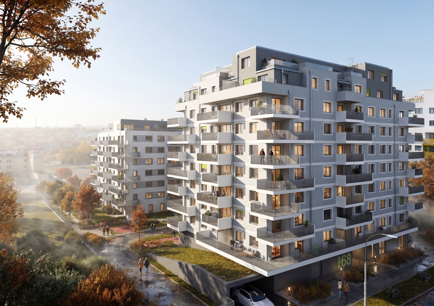 podzimní atmosféra vizualizace bytových domu v Rakousku, letecký pohled, mlha, vjezd do garáží