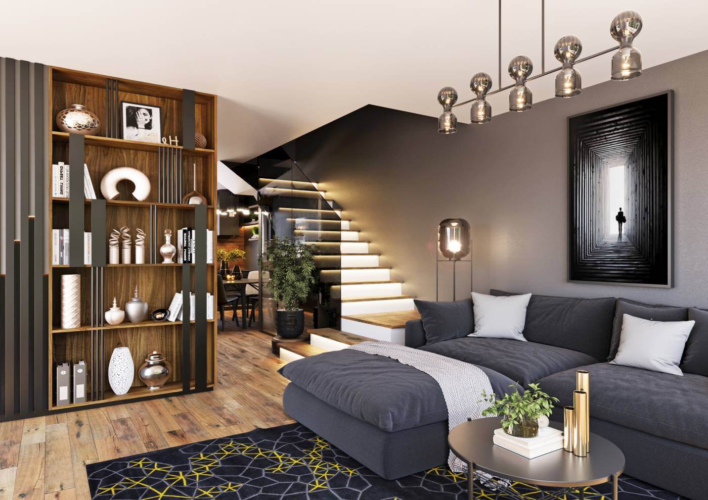 obývací pokoj se schodištěm