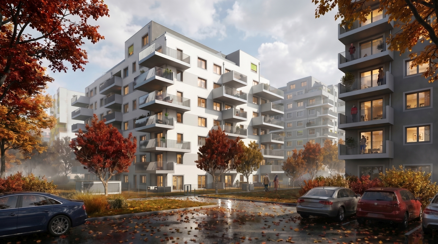 bytový dům, vizualizace s pohledu lidského oka, město, Vídeň, parkování, podzim